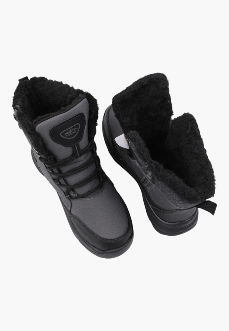 Top view of gray hiking boots with soft lining and high-top design on a white background.