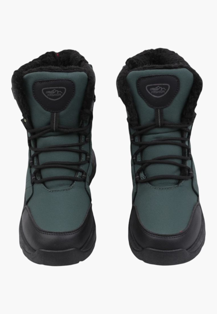 Back view of green winter boots with a pull tab and flexible design.