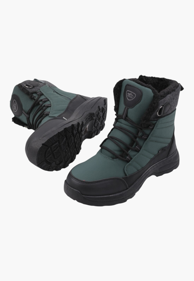 Other angle of green boots showcasing lace-up design and high ankle.