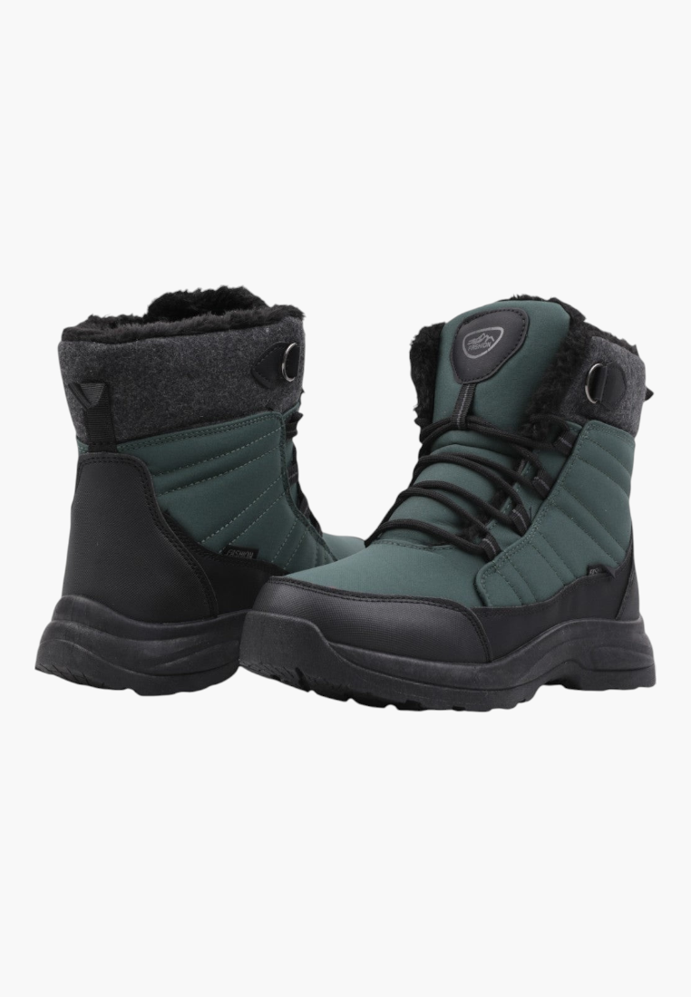 Other angle of green boots highlighting lace-up design and high ankle.