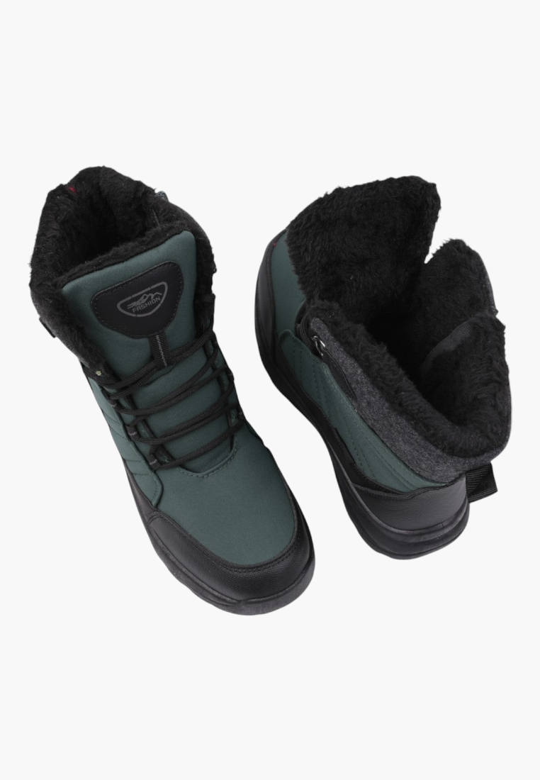 Other angle of green boots featuring lace-up design and high ankle.