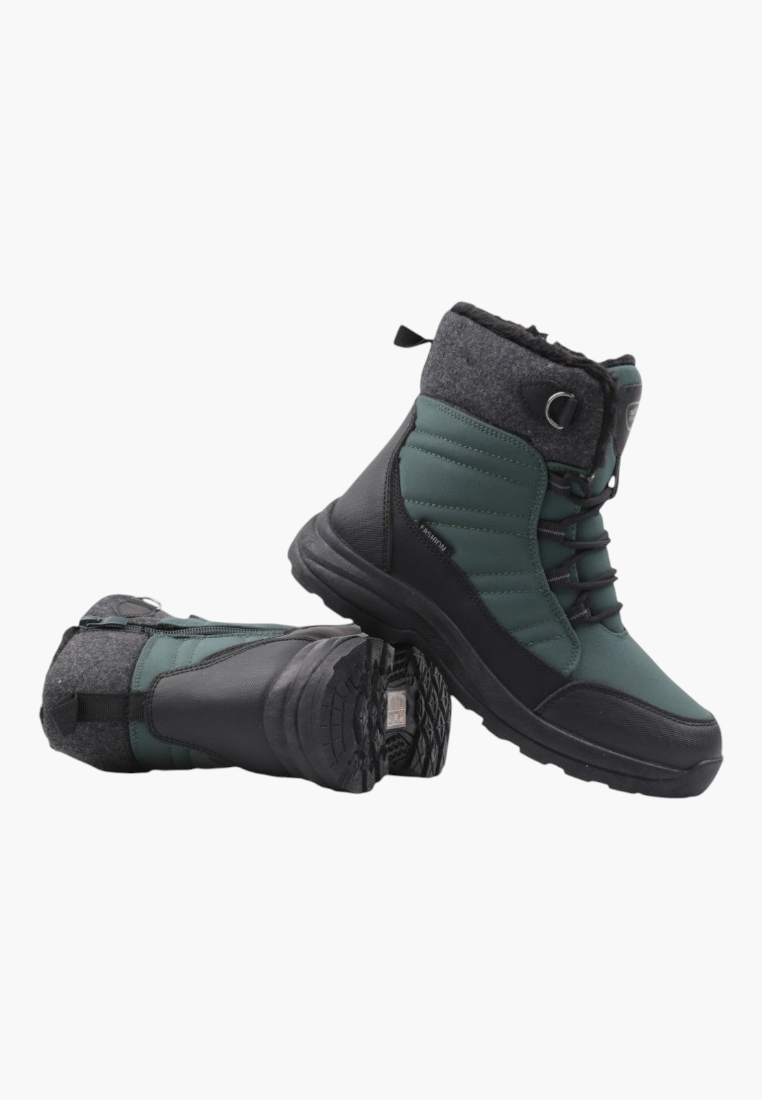 Side view of lightweight green winter boots that are water-resistant.