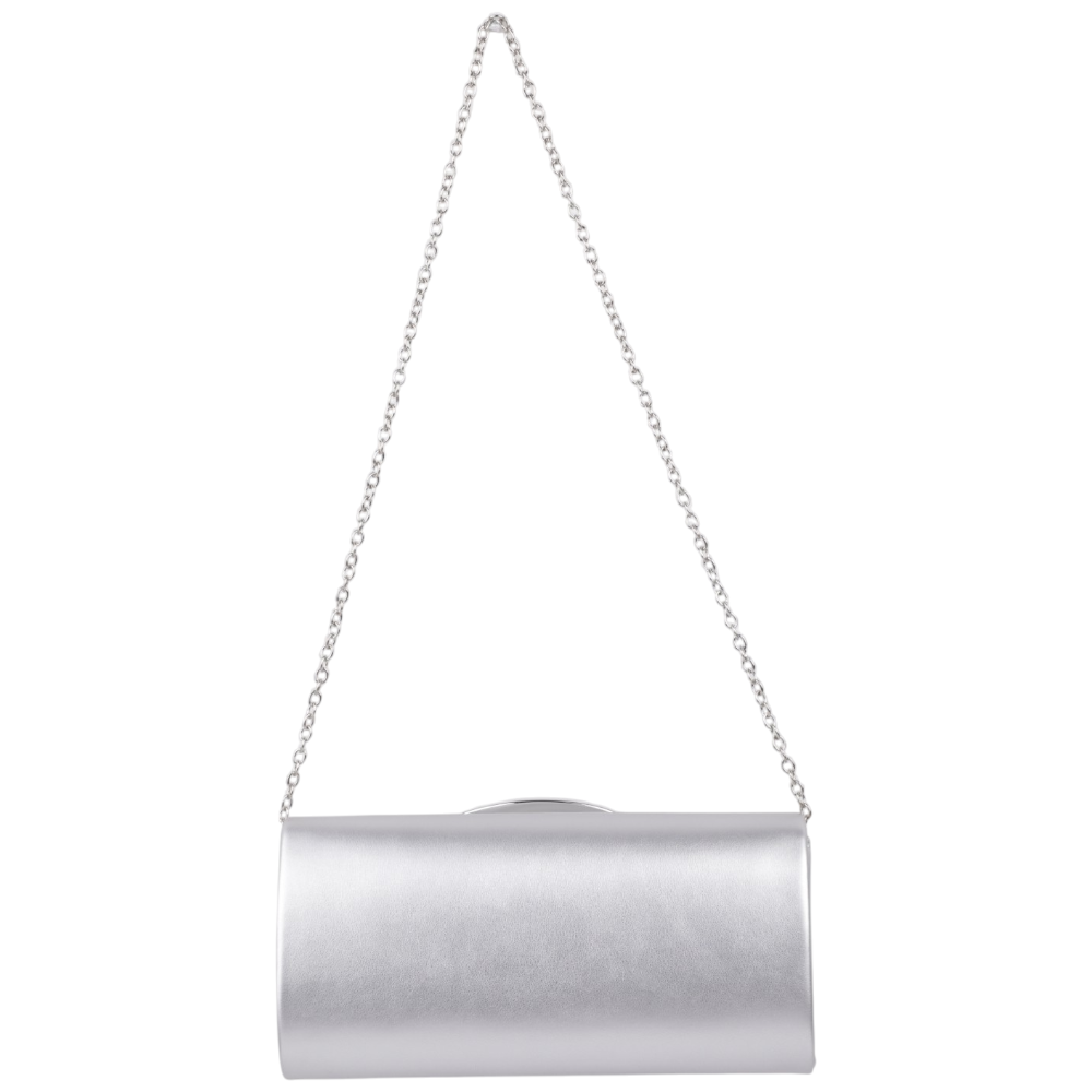 Srebrna kopertówka wizytowa, minimalistyczny design z boku na białym tle