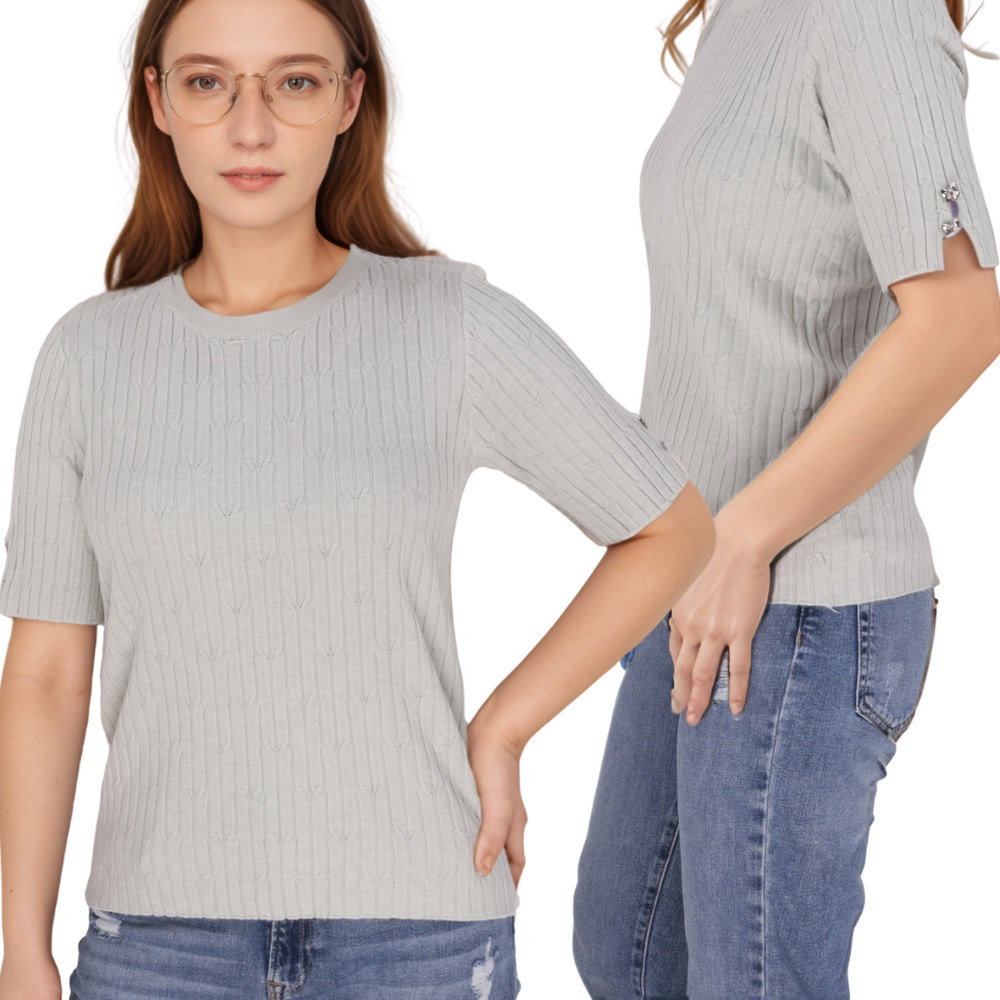 Stylowy sweter damski w kolorze czarnym, widok w stylu życia z krótkim rękawem.