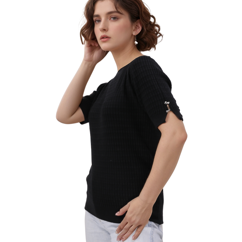 Back view of a black t-shirt showcasing short sleeves and round neckline on a white background.