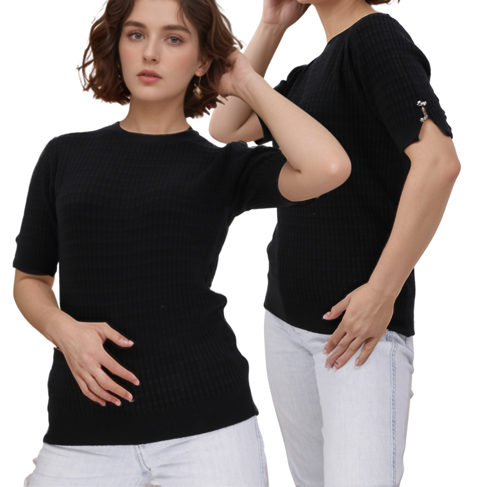 Lifestyle shot of a black t-shirt with short sleeves and round neckline on a white background.