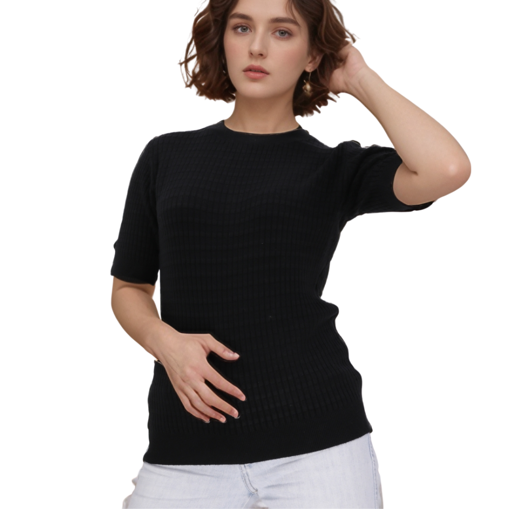 Lifestyle shot of a black t-shirt featuring short sleeves and round neckline against a white backdrop.