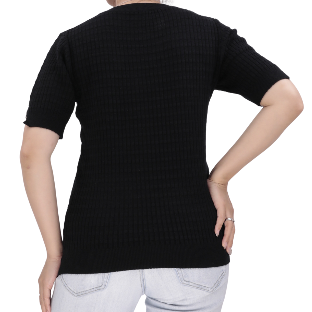 Side view of a black t-shirt with short sleeves and round neckline displayed on a white background.
