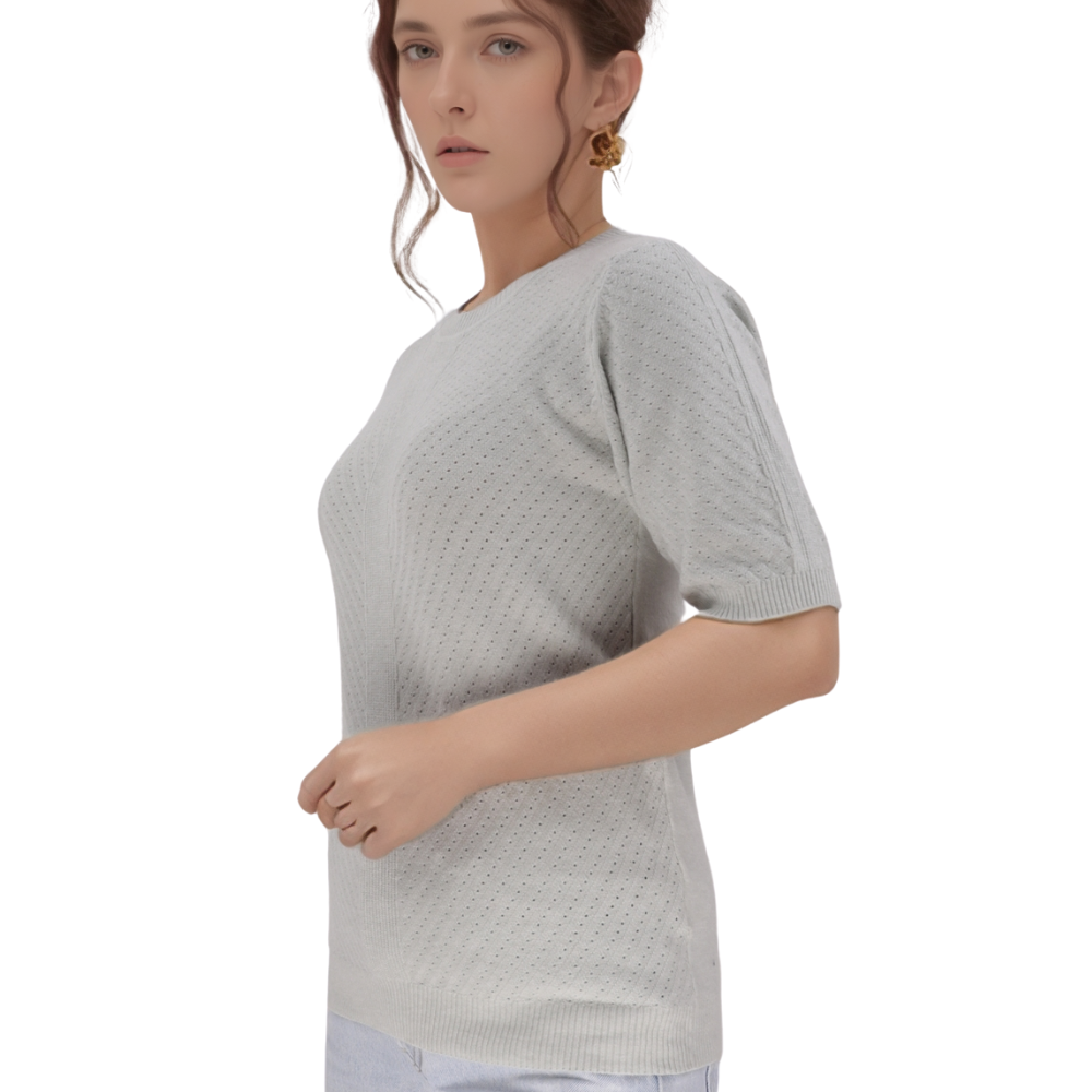 Back view of a gray t-shirt with short sleeves and round neckline.