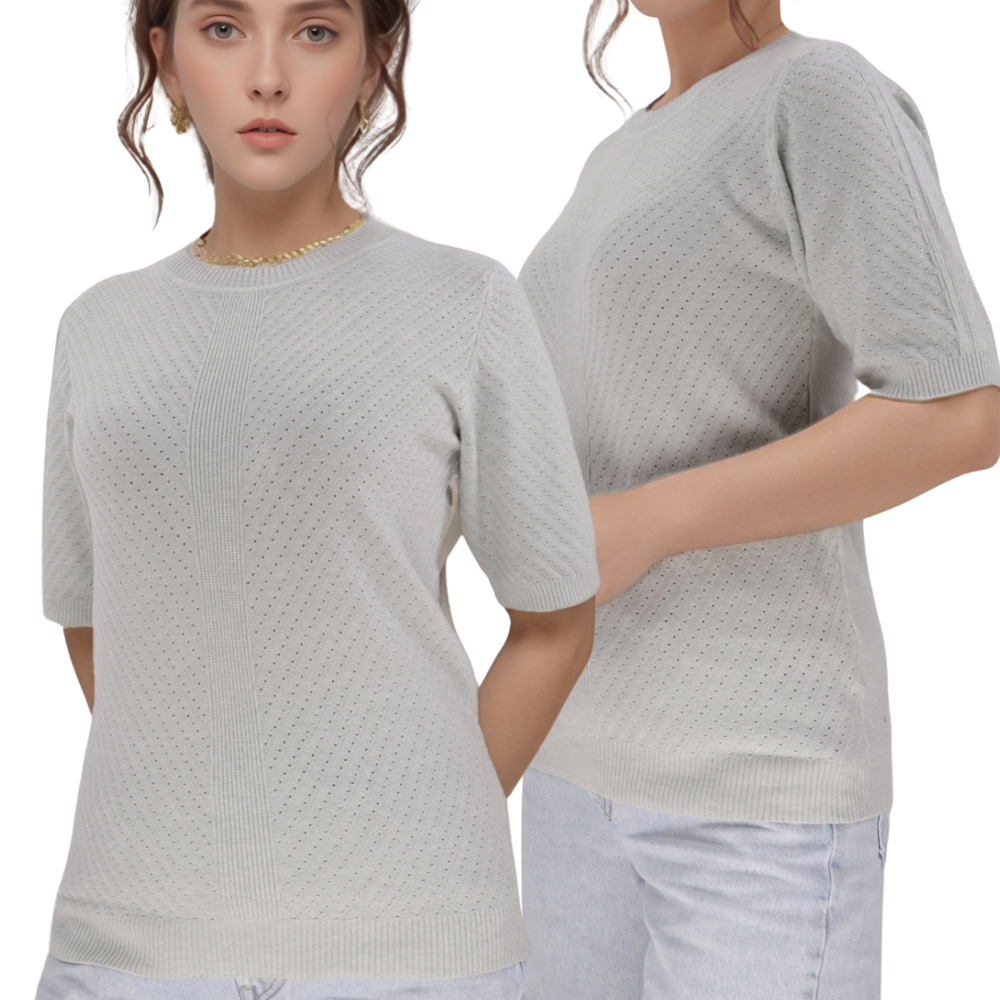 Lifestyle shot of a gray t-shirt with short sleeves and round neckline.