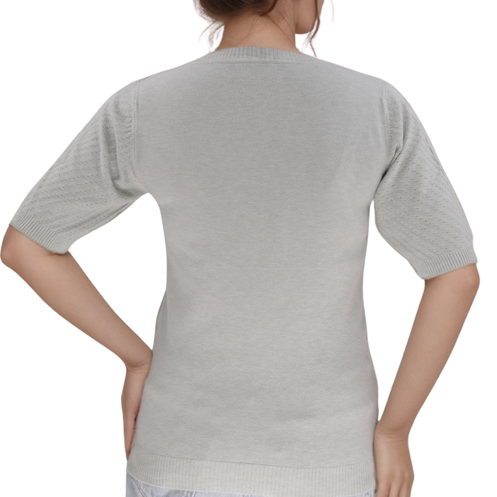 Side view of a gray t-shirt showcasing short sleeves and round neckline.