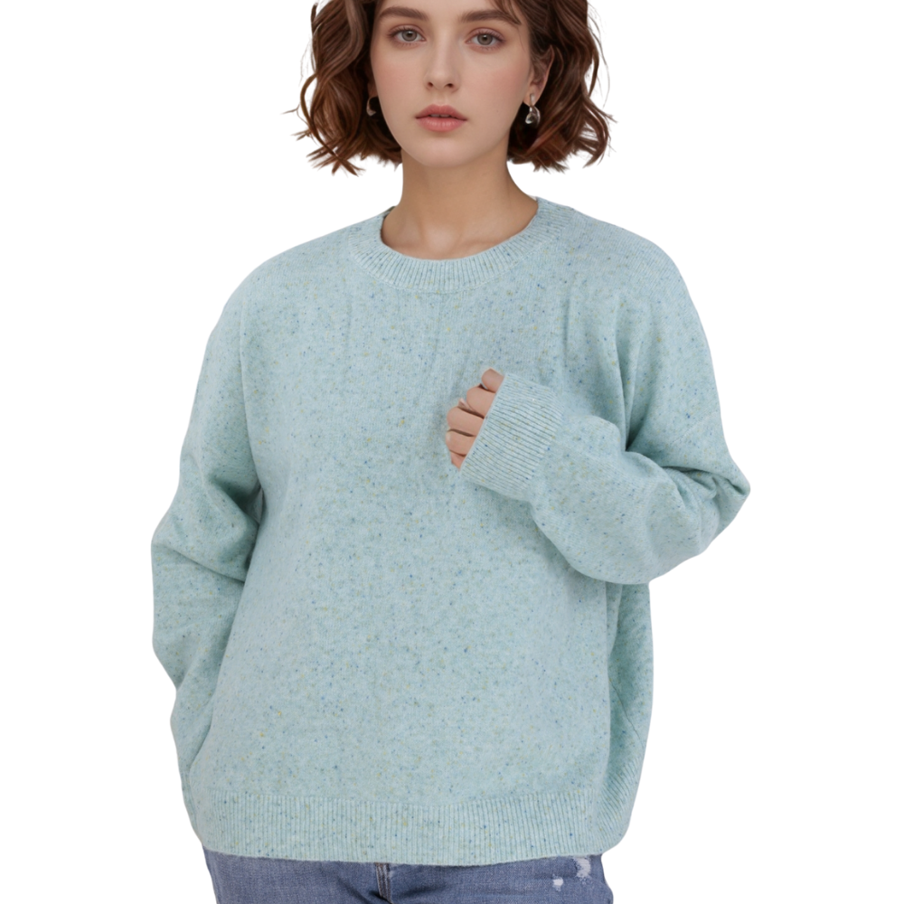 Front view of the light blue sweater with long sleeves and crew neck.
