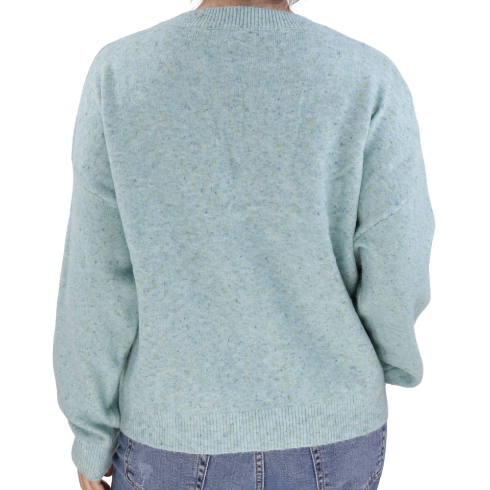 Back view of the light blue textured sweater with long sleeves.
