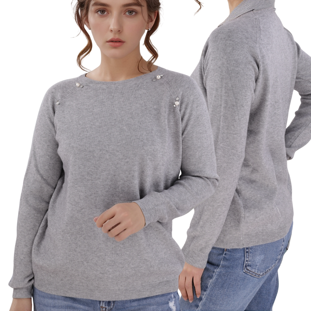 Front view of the gray long-sleeve shirt with a crew neck on a white background.