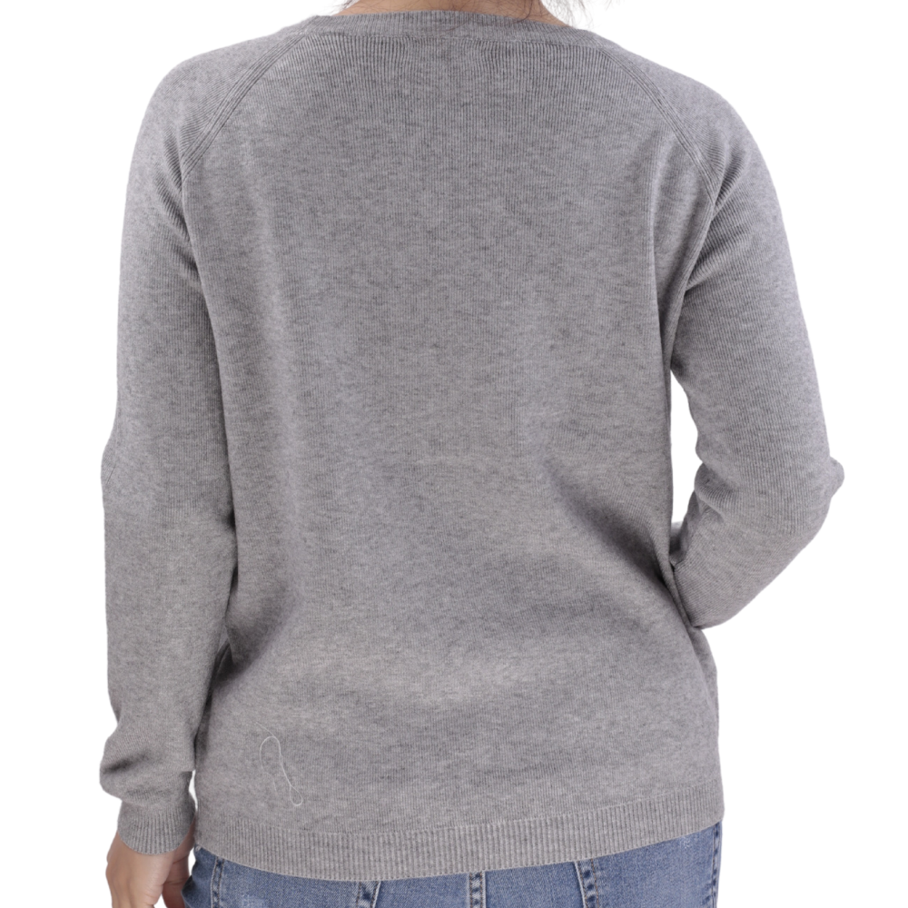 Side view of the gray long-sleeve shirt with a crew neck on a white background.