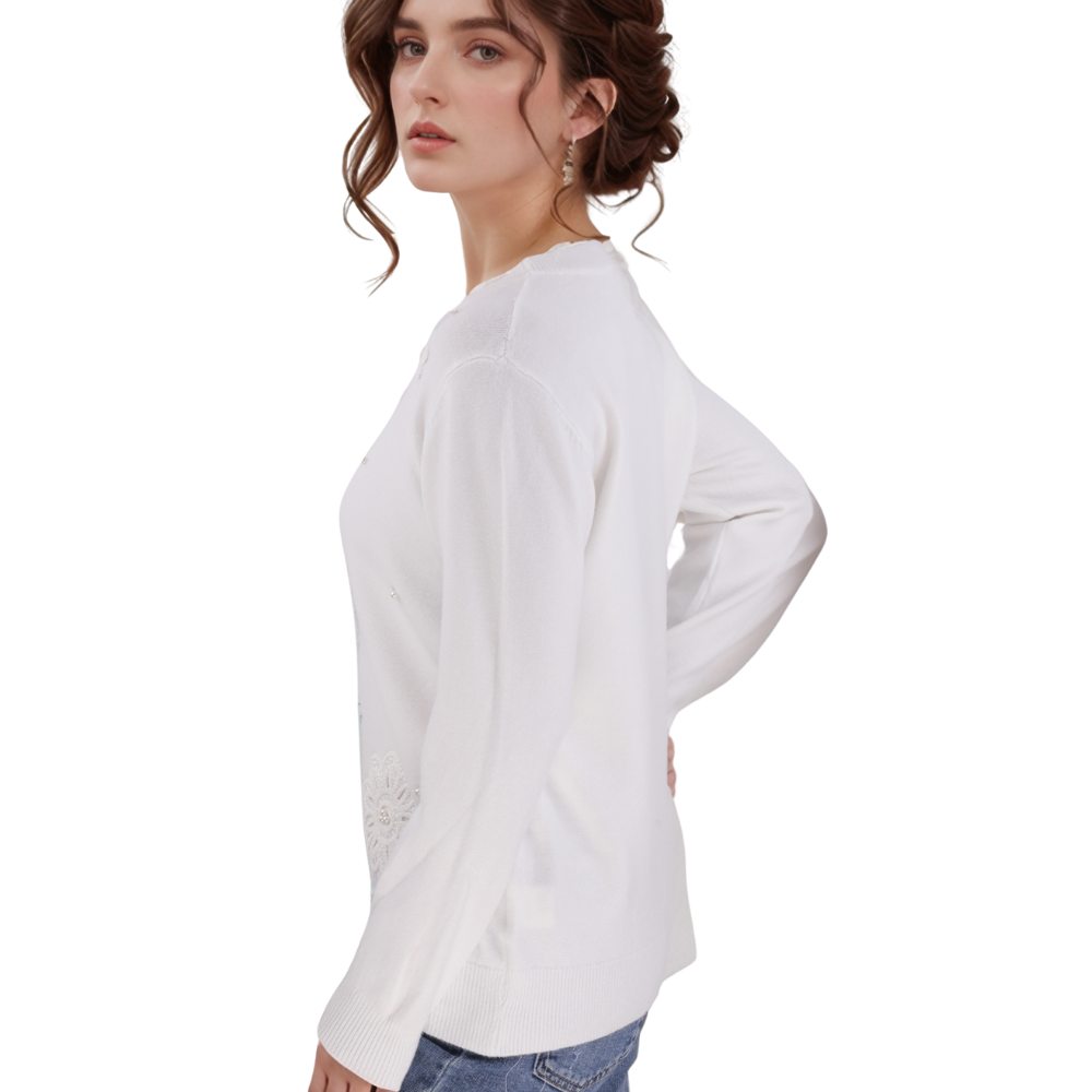 Back view of the white long-sleeve top with a crew neck.