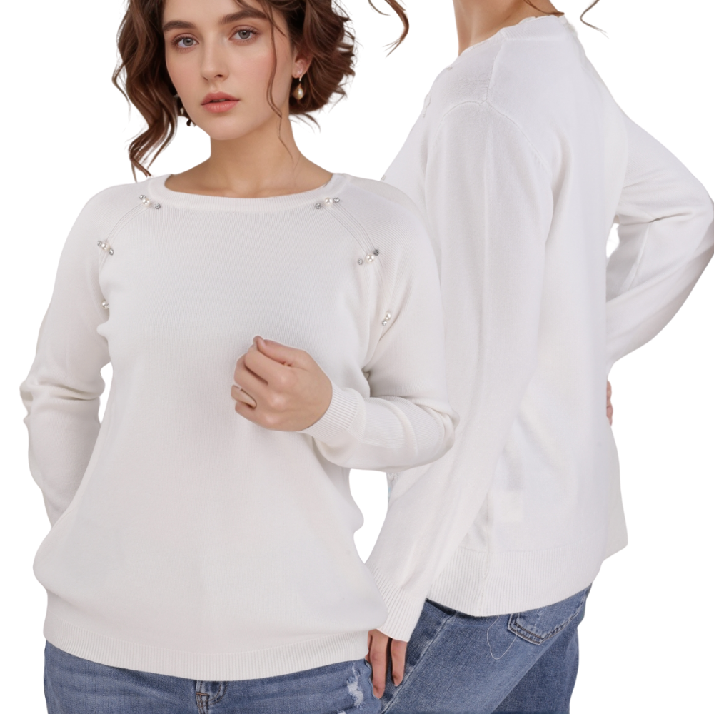 Front view of the white long-sleeve top featuring a crew neck.