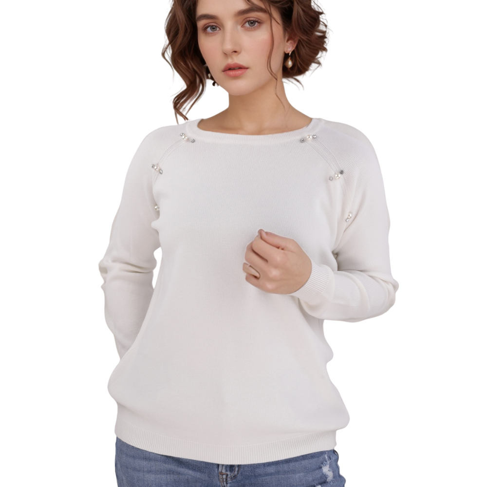 Front view of the white long-sleeve top showcasing side details.