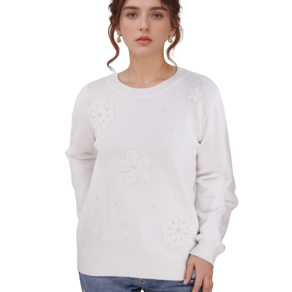 Back view of the white long-sleeve sweter with crew neck.