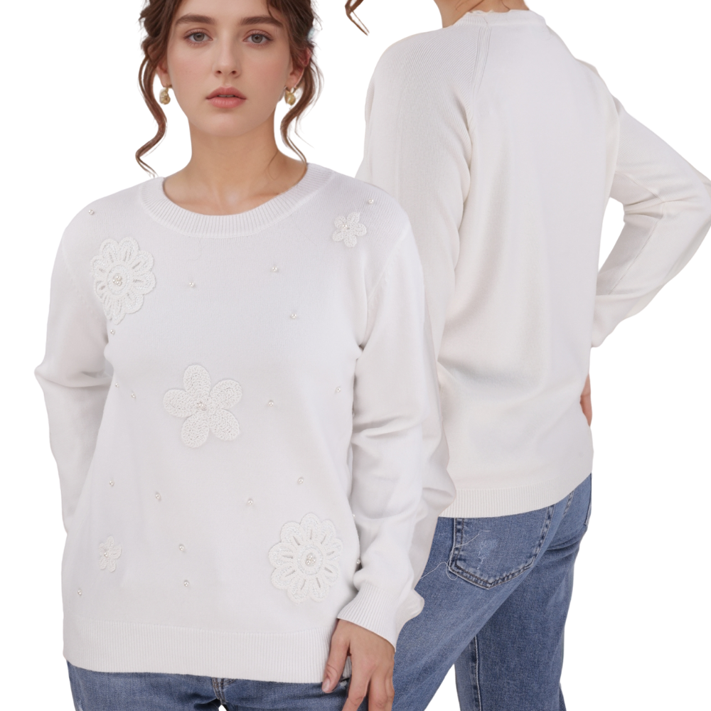 Front view of the white long-sleeve sweter with crew neck.