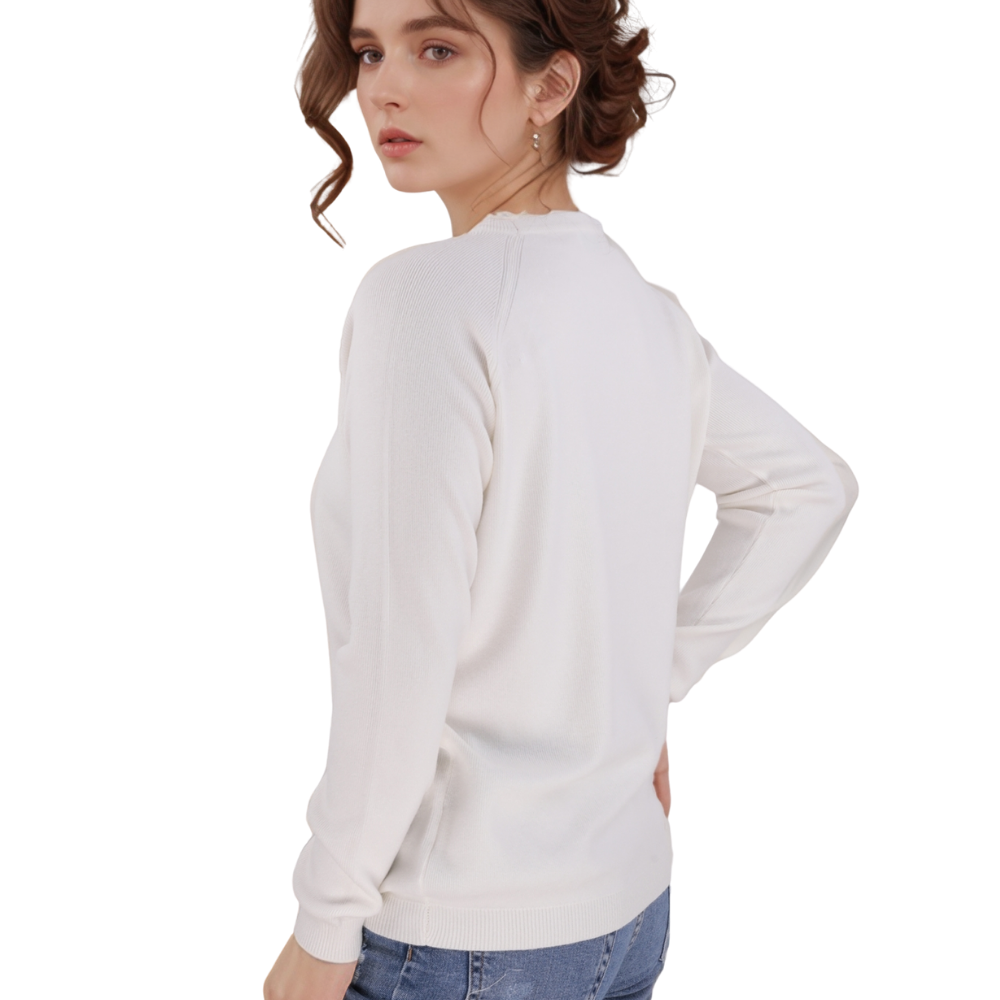 Front view of the white long-sleeve sweter with crew neck.