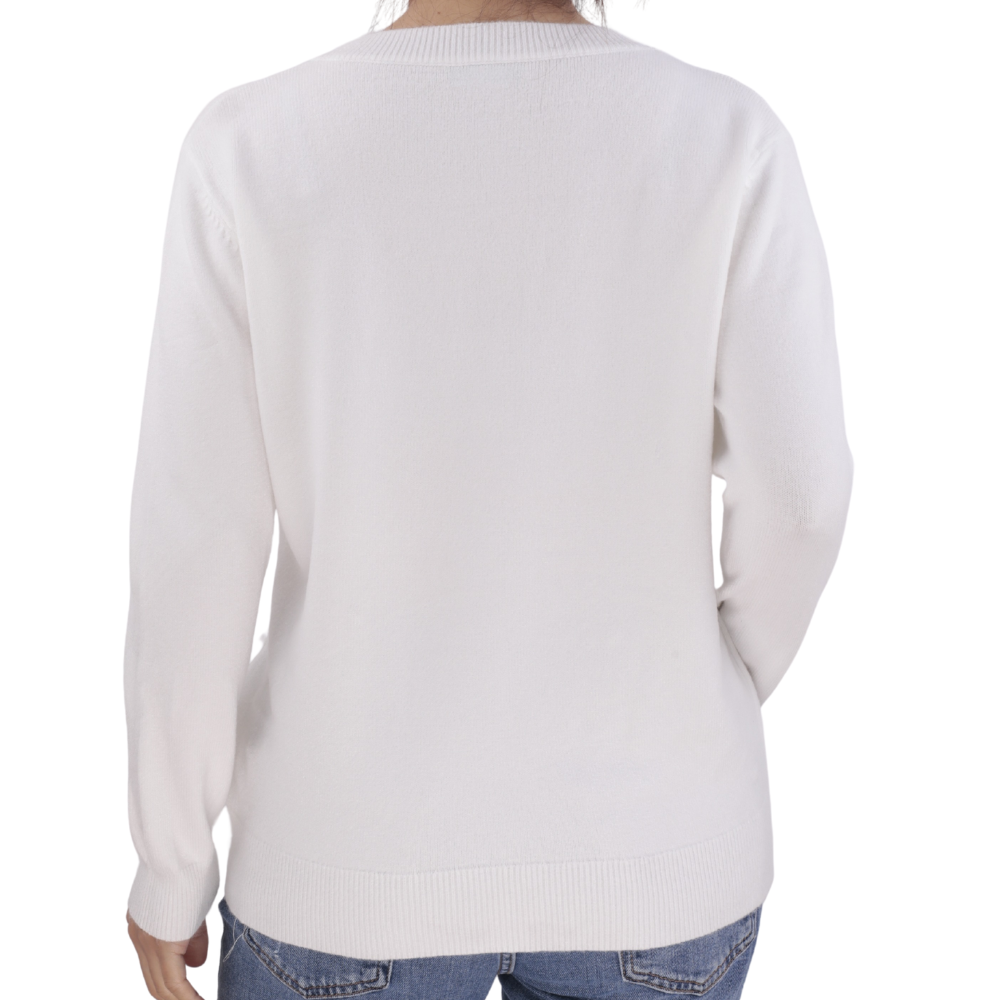 Side view of the white long-sleeve sweter with crew neck.