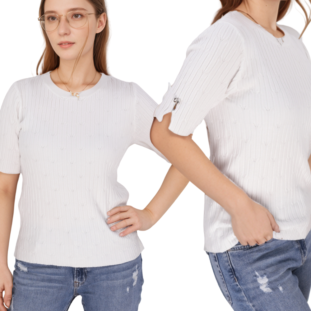 Front view of the black women's sweater with short sleeves.