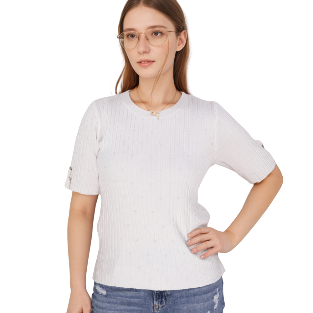Front view of the black women's sweater highlighting its elegant design.