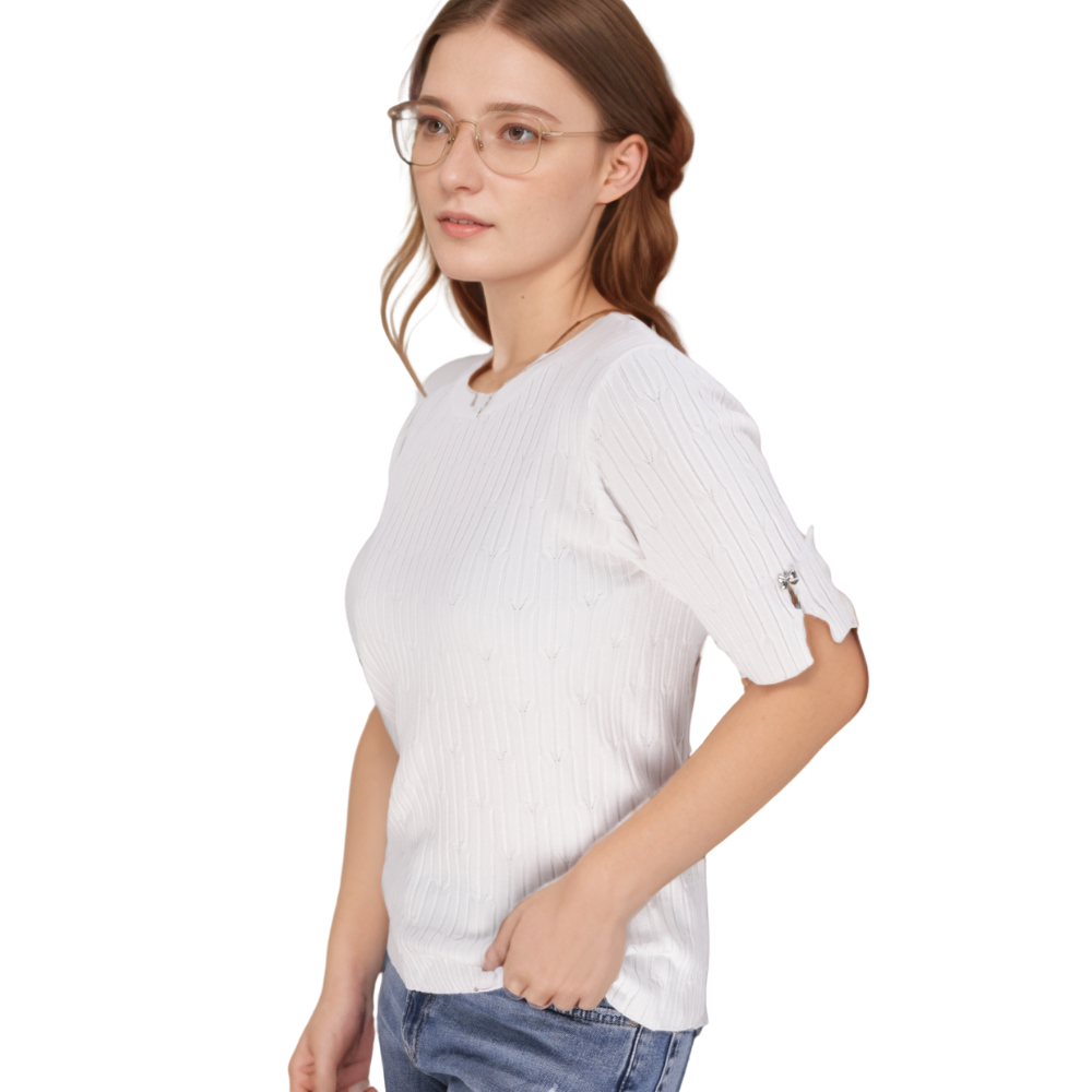 Side view of the black women's sweater showcasing short sleeves.