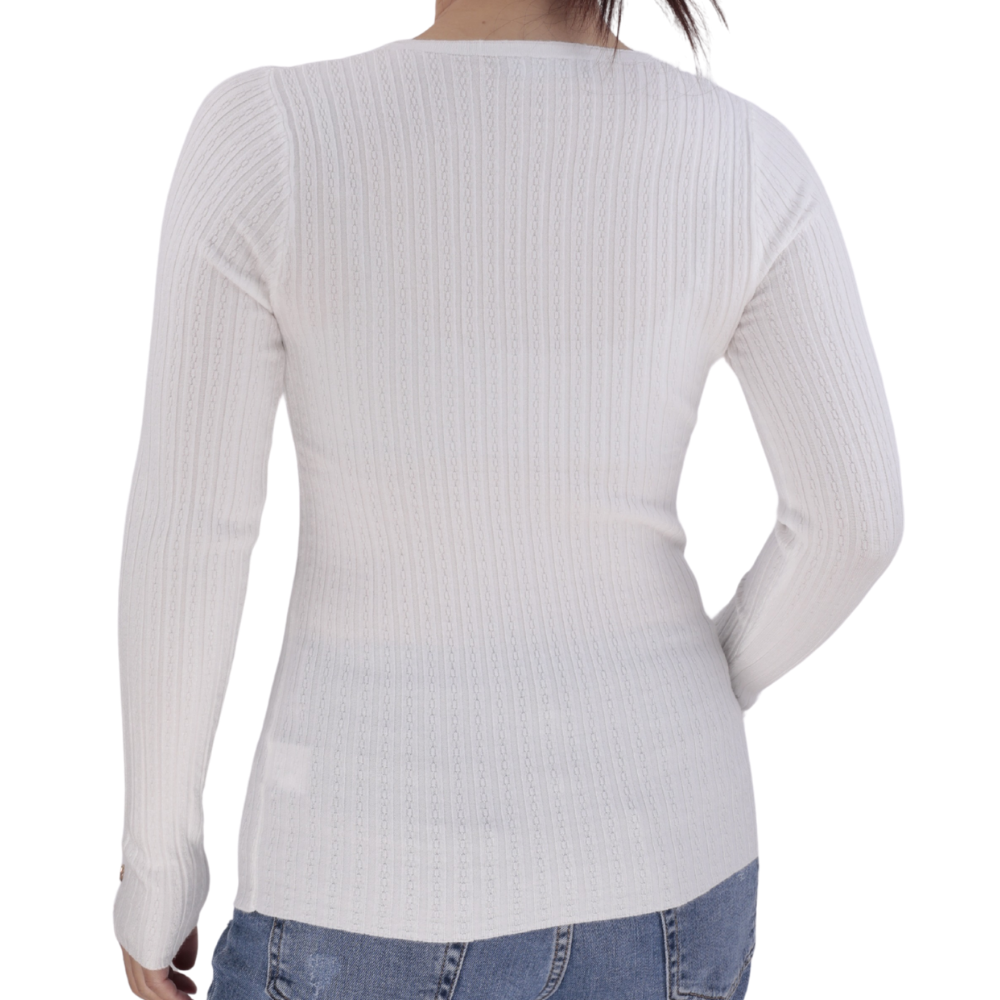 Back view of the white long-sleeve top with V-neck and button details.
