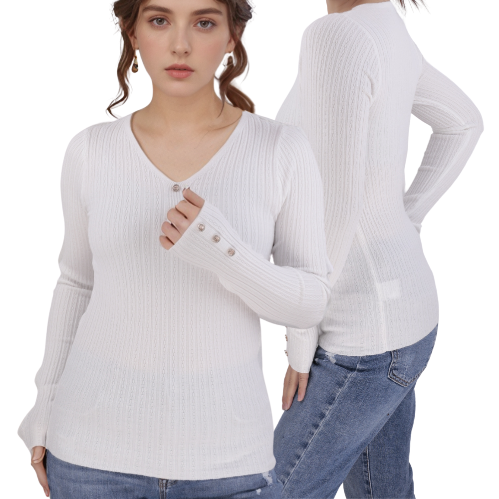 Front view of the white long-sleeve top with V-neck and button details.