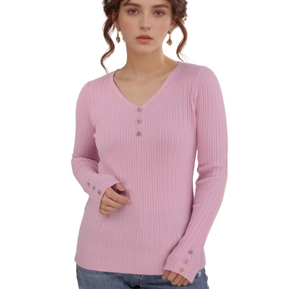 Back view of the pink long-sleeve top with v-neck and button detail on a white background.