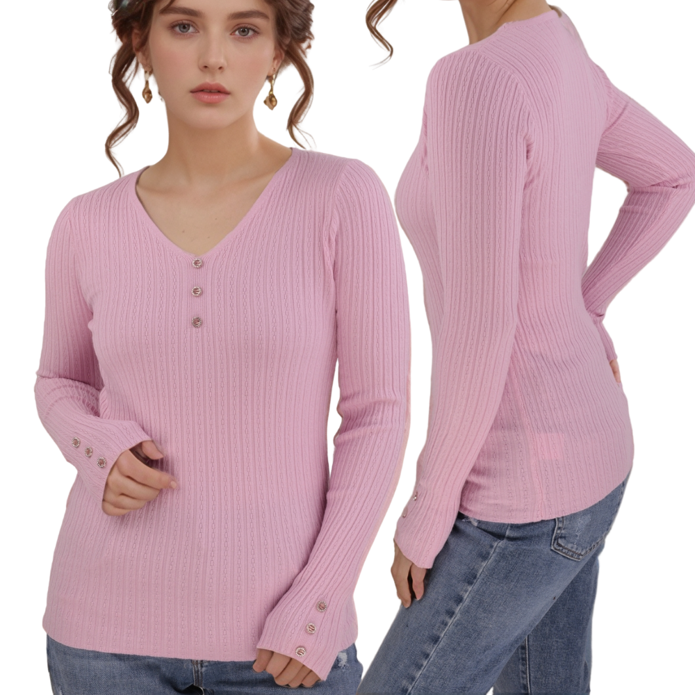 Front view of the pink long-sleeve top with v-neck and button detail on a white background.