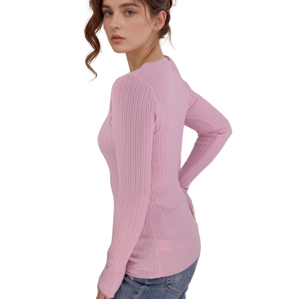 Side view of the pink long-sleeve top with v-neck and button detail on a white background.