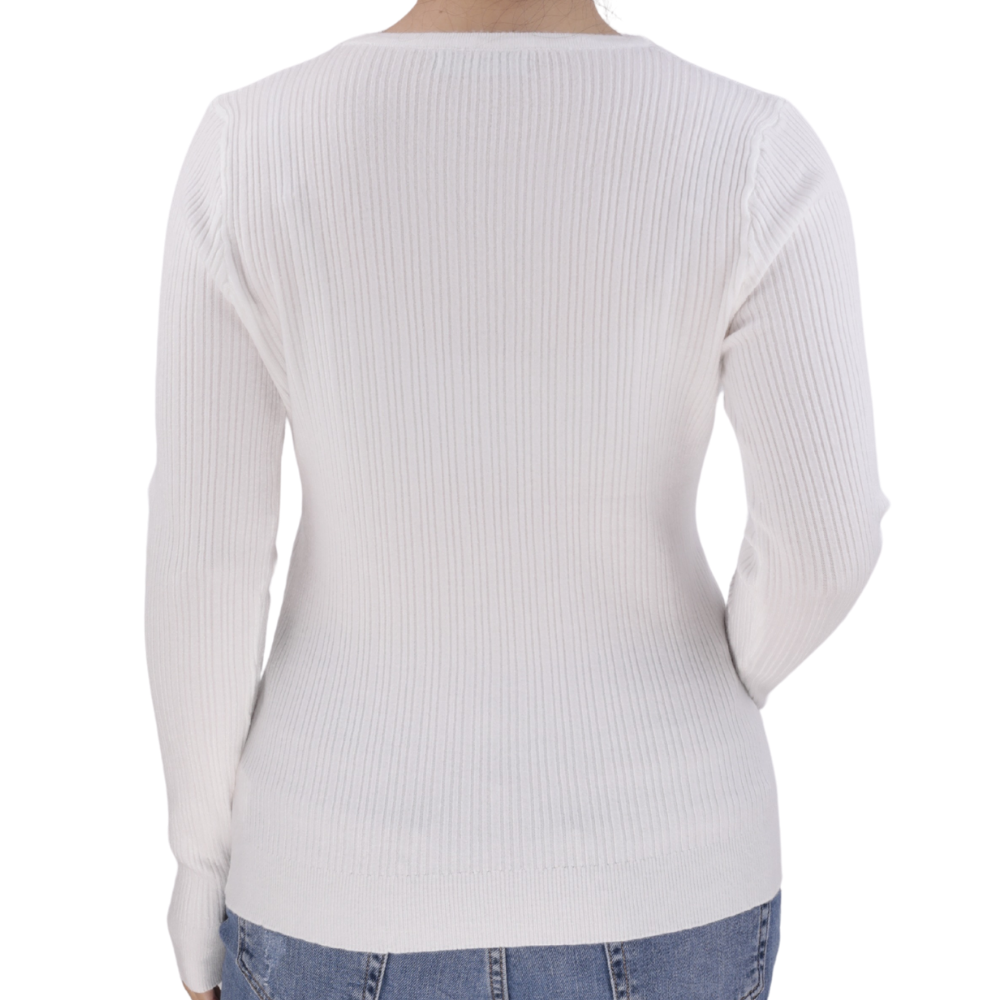 Back view of the white long-sleeve sweter.