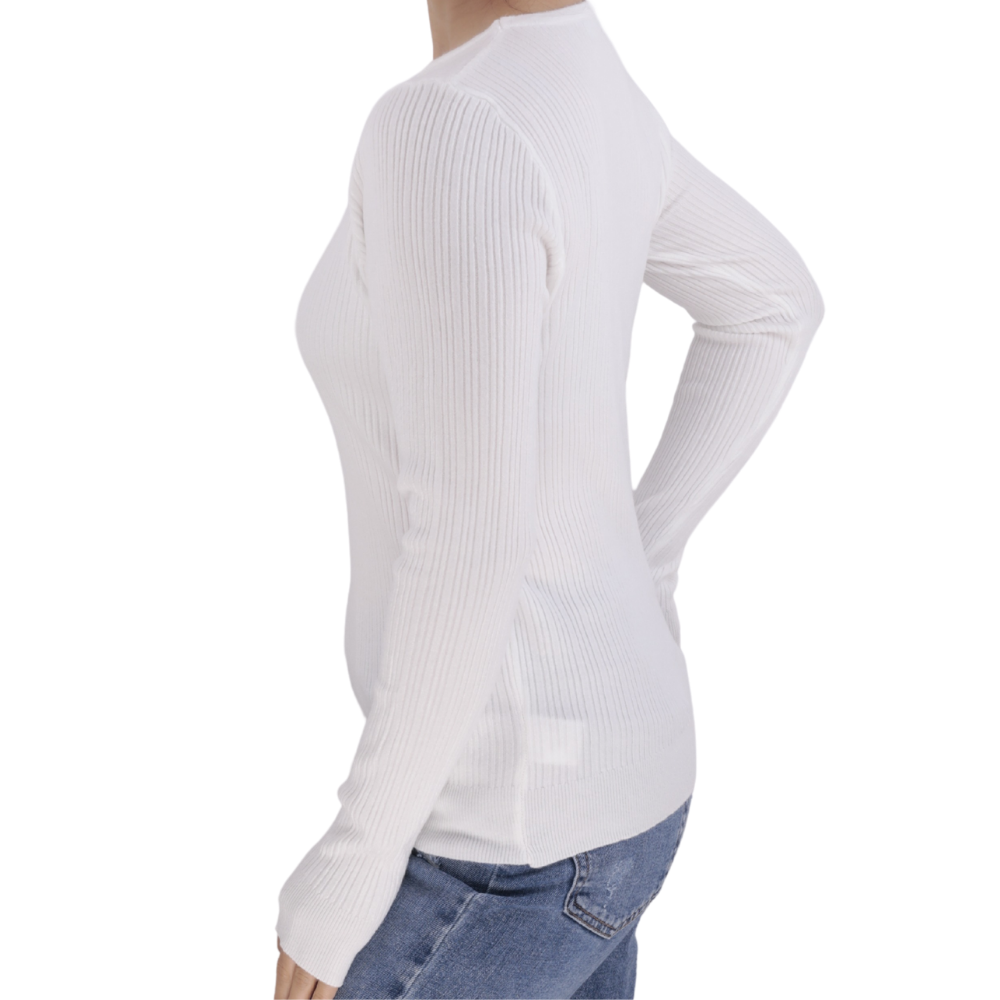 Front view of the white long-sleeve sweter with a round neckline.