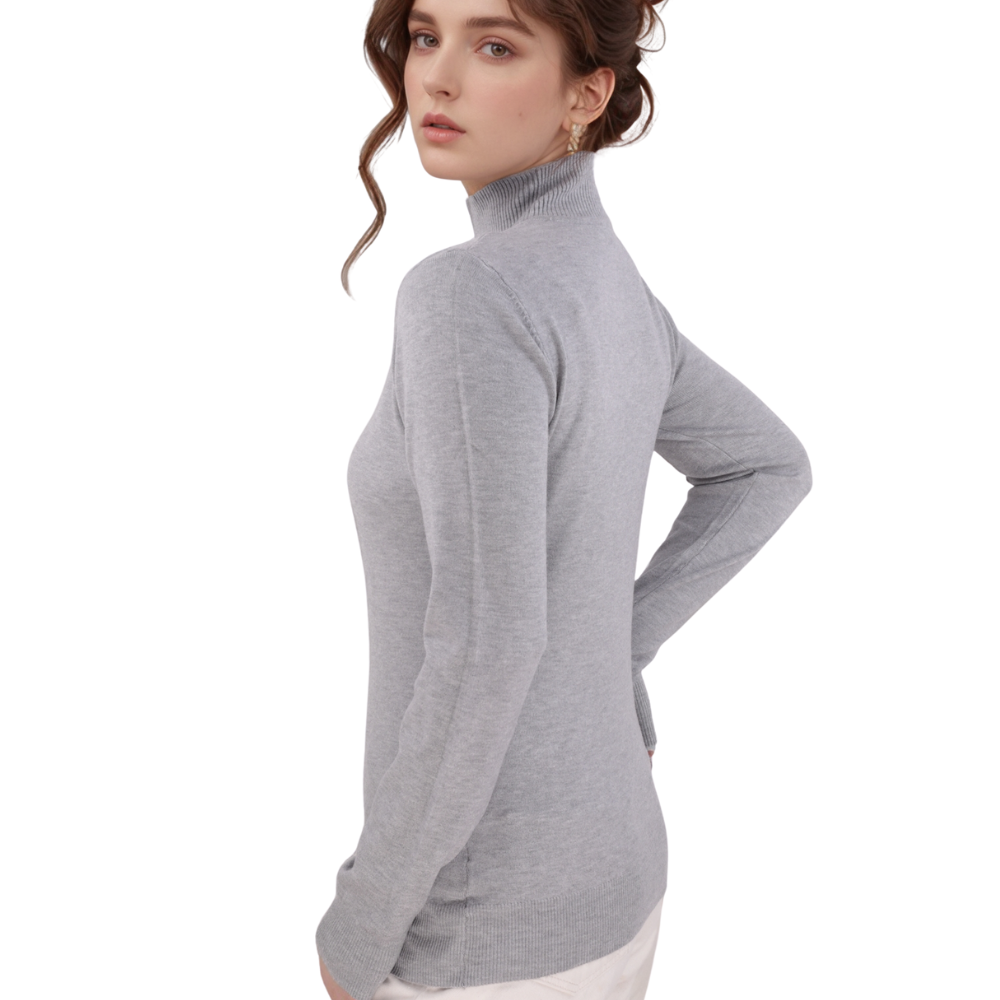 Back view of the gray turtleneck sweater with long sleeves on a white background.