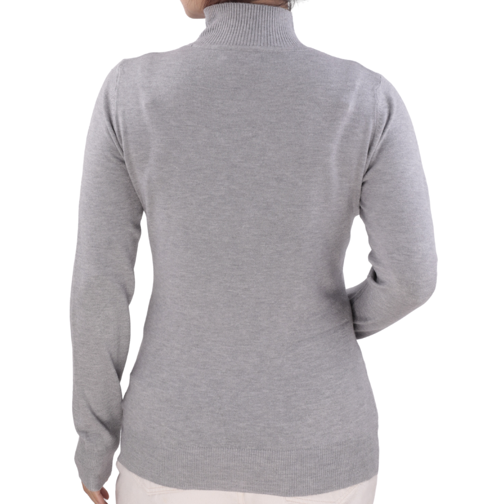 Back view of the gray turtleneck sweater showcasing long sleeves on a white background.