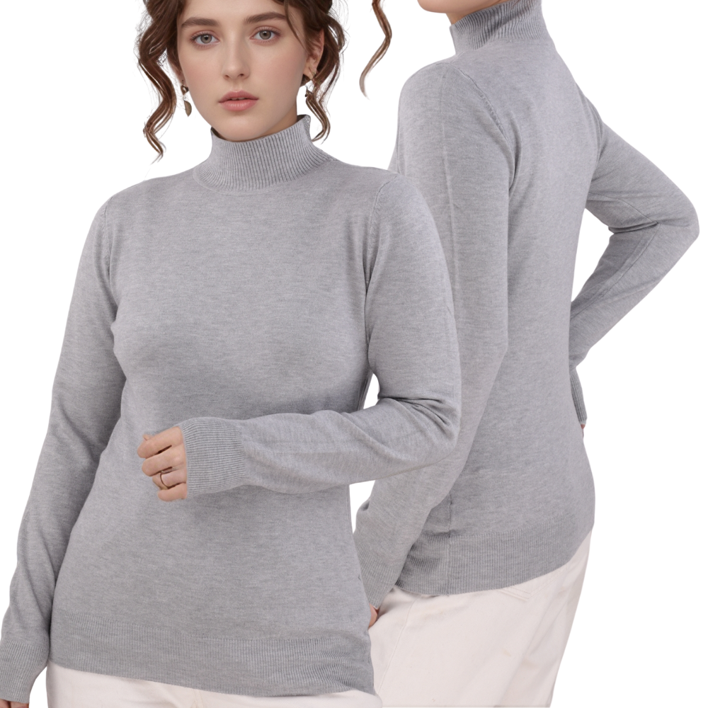 Front view of the gray turtleneck sweater with long sleeves on a white background.