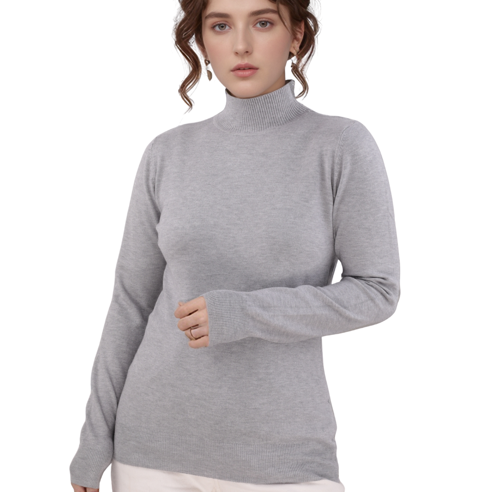 Front view of the gray turtleneck sweater featuring long sleeves on a white background.