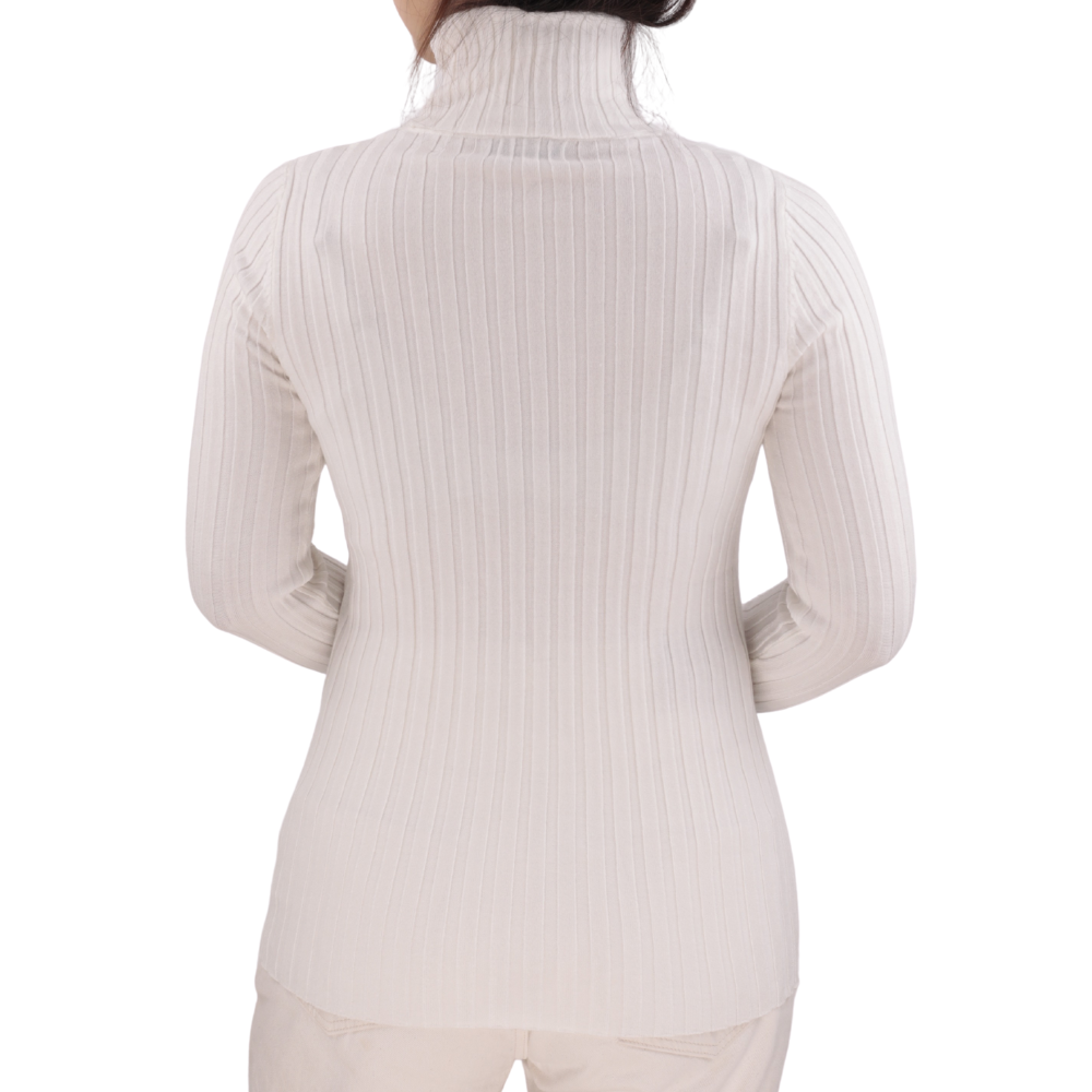 Back view of the white turtleneck sweater showcasing long sleeves and ribbed texture.