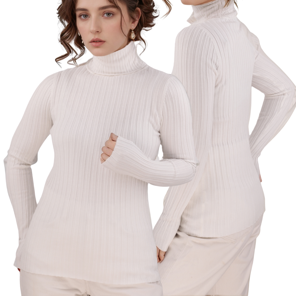 Front view of the white turtleneck sweater with long sleeves and ribbed texture.