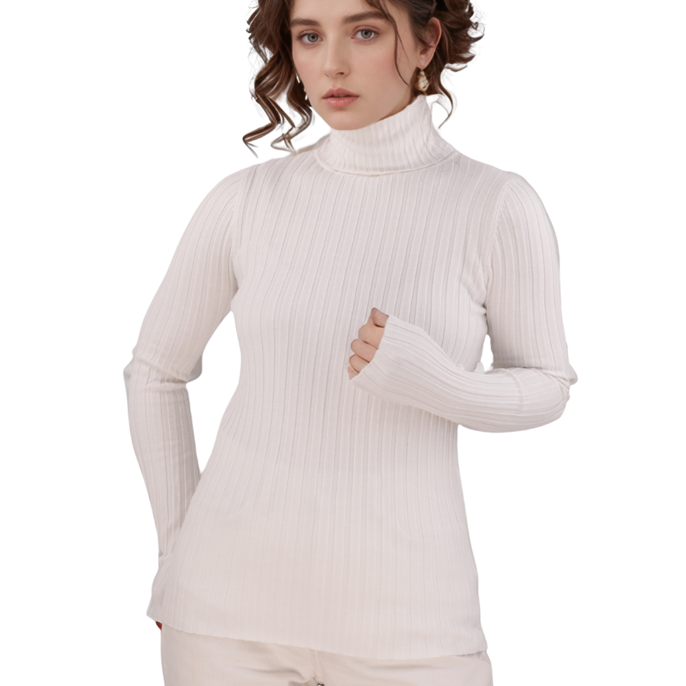 Front view of the white turtleneck sweater featuring long sleeves and ribbed texture.