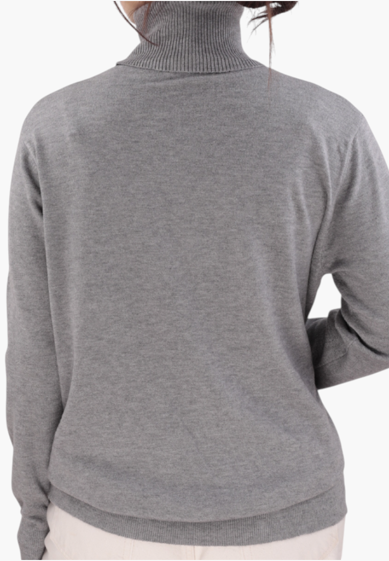 Back view of the gray turtleneck sweater featuring long sleeves on a white background.