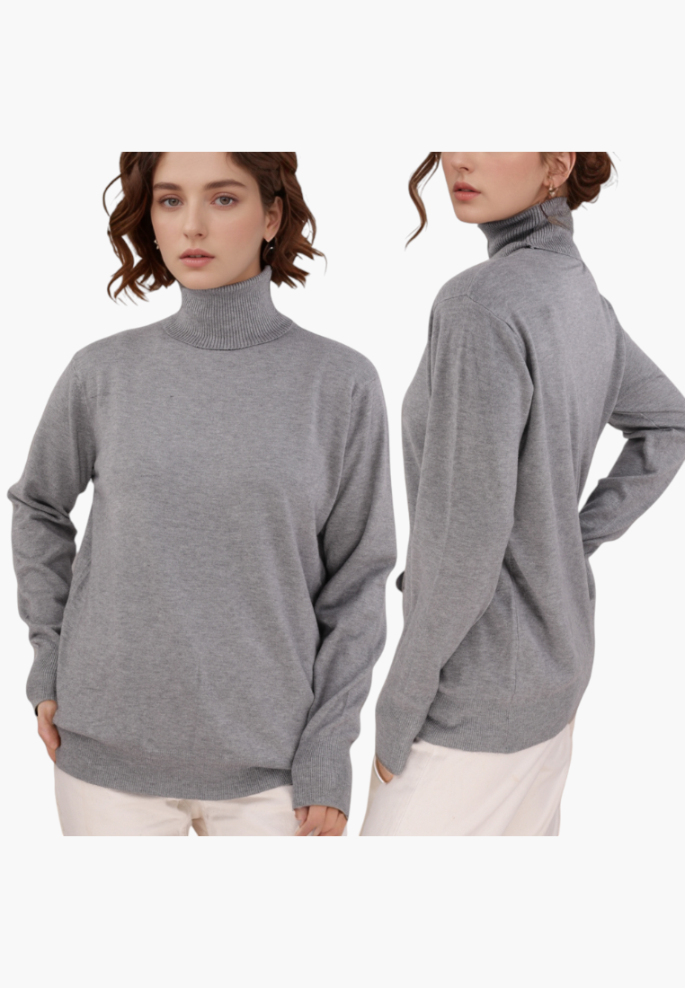 Front view of the gray turtleneck sweater with long sleeves on a white background.