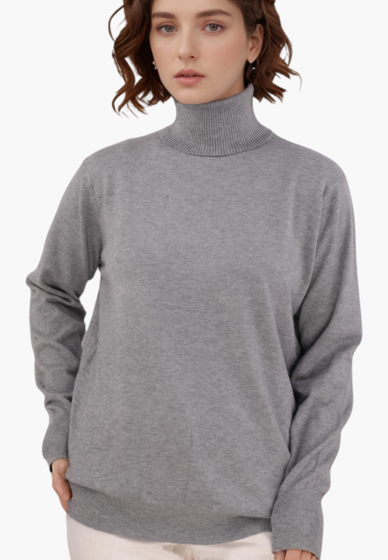 Side view of the gray turtleneck sweater featuring long sleeves on a white background.