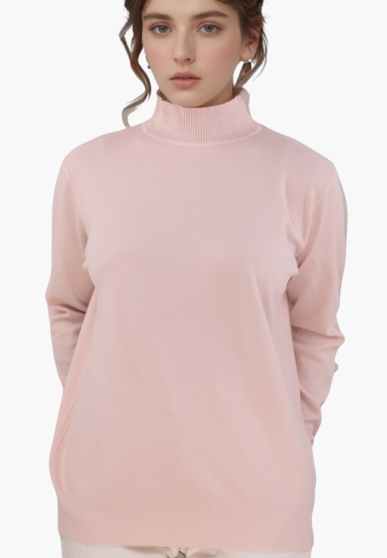 Front view of a pink turtleneck sweater featuring long sleeves.