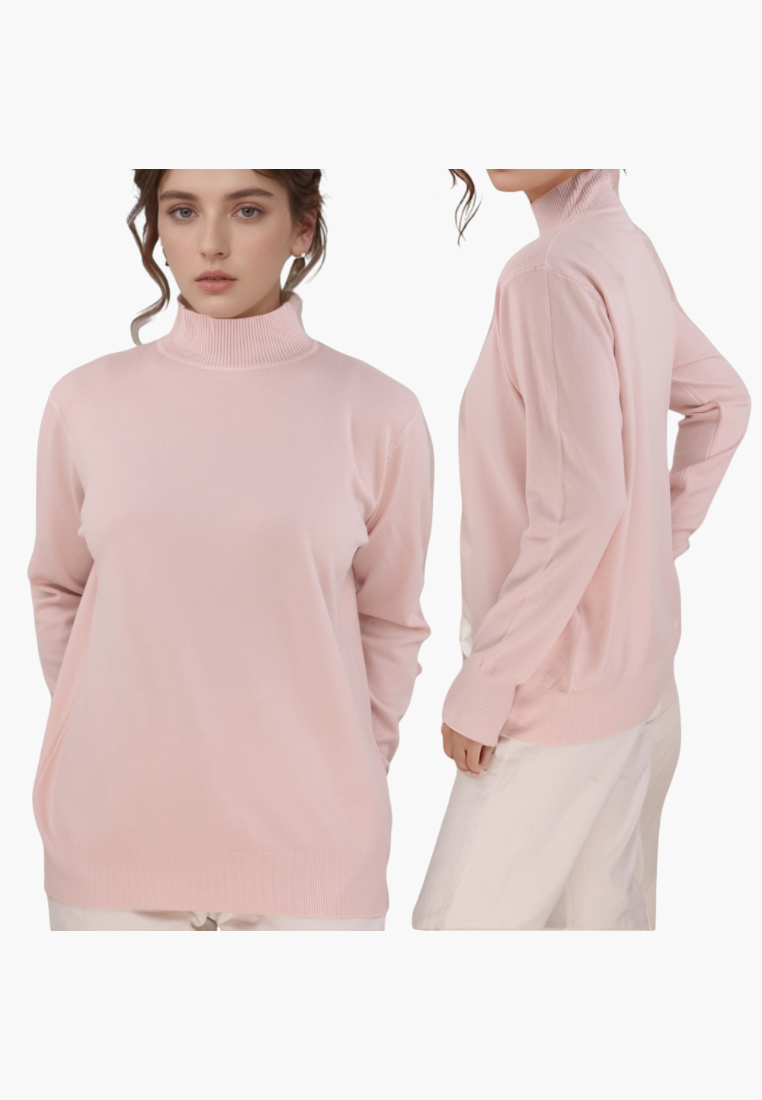 Lifestyle shot of a pink turtleneck sweater with long sleeves.