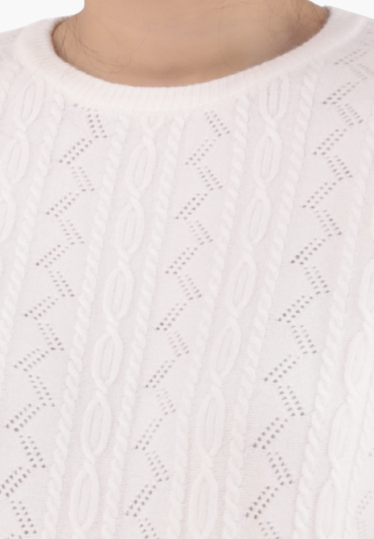 Back view of a cream sweater with knit texture displayed on a white background.