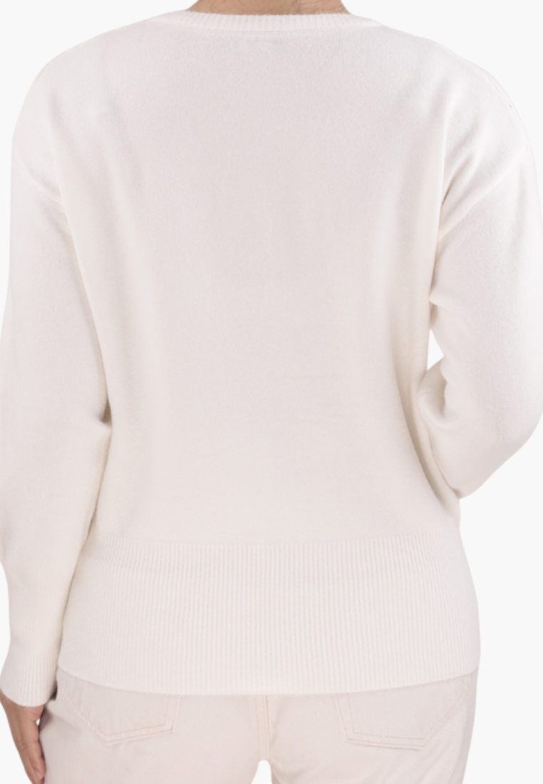 Detail close-up of a cream sweater showcasing the knit texture and crew neck on a white background.